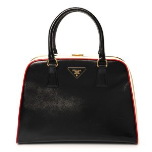 Prada Saffiano Vernice Pyramid Bag Black White Rosso