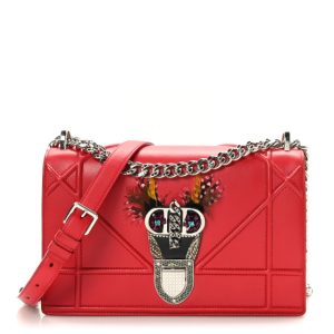 Christian Dior Lambskin Crystal Feather Medium Diorama Flap Bag Red