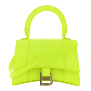 Balenciaga Semi Shiny Calfskin Crocodile Embossed Hourglass Top Handle Bag Mini Fluo Yellow
