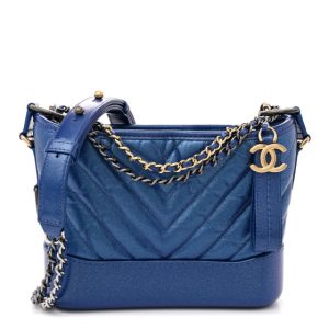 Chanel Metallic Calfskin Chevron Quilted Small Gabrielle Hobo Blue