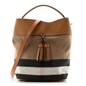 Burberry Grainy Calfskin Canvas Mega Check Medium Ashby Tassel Hobo Saddle Brown