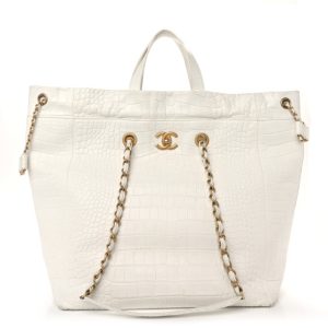 Chanel Calfskin Crocodile Embossed Large Cocodile Shopping Tote White