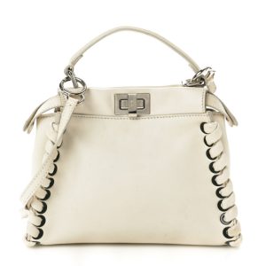 Fendi Nappa Lace Up Mini Peekaboo Iconic Satchel Bianco Carta