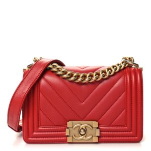 Chanel Calfskin Chevron Quilted Small Boy Flap Red