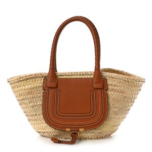 Chloe Raffia Small Grain Calfskin Medium Marcie Basket Tan