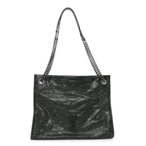 Saint Laurent Crinkled Calfskin Matelasse Monogram Medium Niki Shopper Tote New Vert