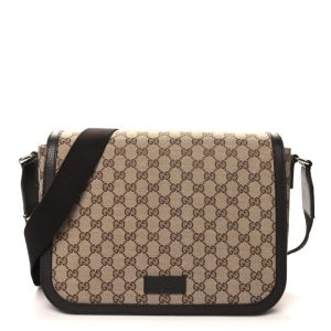 Gucci Monogram Flap Messenger Bag Beige Dark Brown