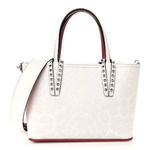 Christian Louboutin Patent Calfskin Leopard Print Spikes Mini East West Cabata Tote Snow