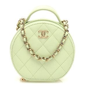 Chanel Caviar Quilted Round Handle With Care Vanity With Chain Light Green