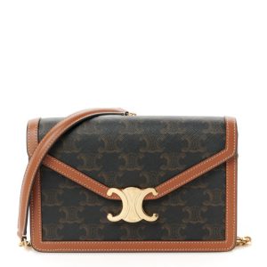 Celine Triomphe Canvas Calfskin Margo Wallet on Chain Tan