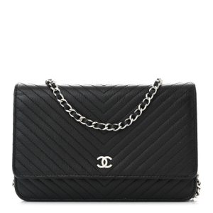 Chanel Caviar Chevron Quilted Wallet On Chain WOC Black