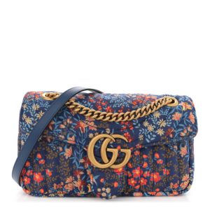 Gucci Cotton Calfskin Matelasse Floral Print Small GG Marmont Shoulder Bag Blue Red Deep Ocean Blue