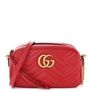 Gucci Calfskin Matelasse Small GG Marmont Chain Shoulder Bag Hibiscus Red