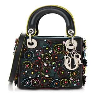 Christian Dior Lambskin Satin Sequin Floral Mini Lady Dior Black