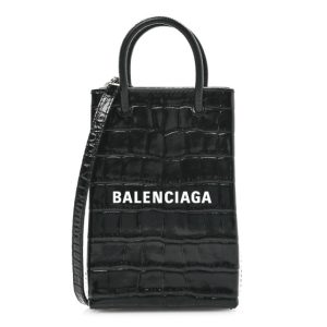 Balenciaga Calfskin Crocodile Embossed Logo Shopping Phone Holder Bag Black