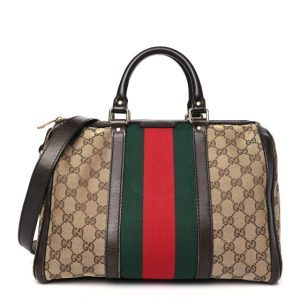 Gucci Monogram Selleria Calfskin Vintage Web Medium Boston Beige Ebony Cocoa