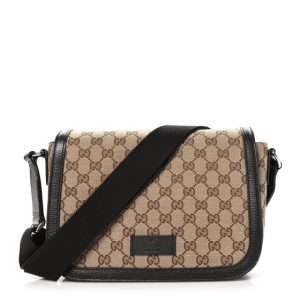 Gucci Monogram Flap Messenger Bag Beige Dark Brown