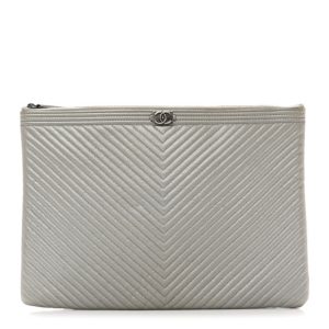 Chanel Metallic Caviar Chevron Quilted Large Boy Cosmetic Case Silver