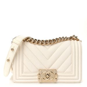 Chanel Caviar Chevron Quilted Small Boy Flap White