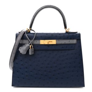 Hermes Ostrich Horseshoe Kelly Sellier 28 Bleu Iris Gris Agate