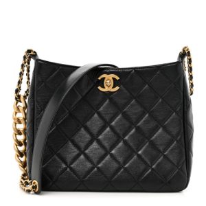 Chanel Shiny Lambskin Quilted CC Hobo Black
