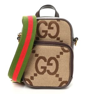 Gucci Monogram Jumbo GG Textured Dollar Calfskin Web Shoulder Bag Camel Ebony New Acero