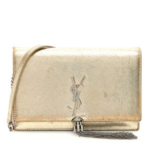 Saint Laurent Metallic Crackled Calfskin Kate Monogram Tassel Chain Wallet Gold