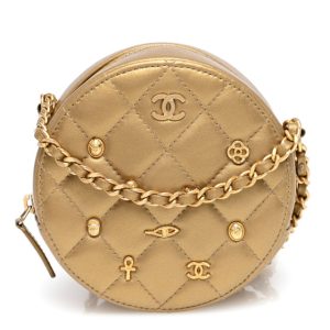 Chanel Metallic Lambskin Quilted Egyptian Amulet Round Clutch With Chain Gold