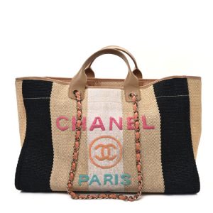 Chanel Straw Raffia Calfskin Striped Large Deauville Tote Black Beige Ivory