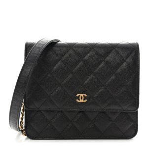 Chanel Letter Calfskin Embossed Quilted Square Wallet On Chain WOC Black