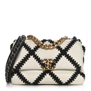 Chanel Calfskin Crochet Medium Chanel 19 Flap White Black