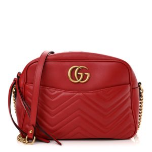 Gucci Calfskin Matelasse Medium GG Marmont Chain Shoulder Bag Hibiscus Red