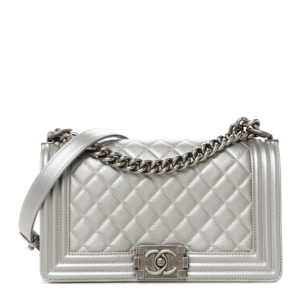 Chanel Metallic Caviar Quilted Medium Boy Flap Silver