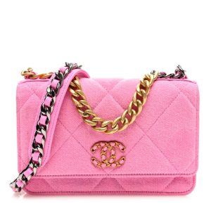 Chanel Denim Quilted Chanel 19 Wallet On Chain WOC Neon Pink