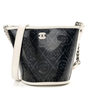 Chanel Crumpled Calfskin PVC Camellia Coco Bucket Bag Black White