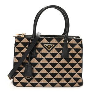 Prada Jacquard Saffiano Triangolo Symbole Embroidered Small Galleria Double Zip Tote Black Corda