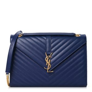 Saint Laurent Grain De Poudre Matelasse Chevron Large Monogram Satchel Navy Blue