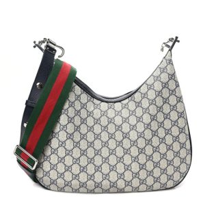 Gucci GG Supreme Monogram Textured Calfskin Web Large Attache Shoulder Bag Beige Blue
