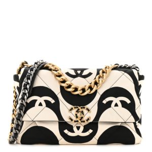Chanel Fabric Printed Large Chanel 19 Flap Black Ecru