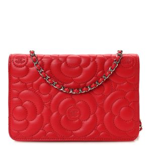 Chanel Caviar Camellia Embossed Wallet On Chain WOC Red