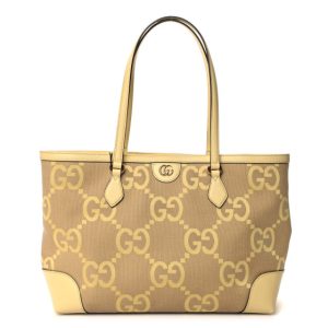 Gucci Monogram Jumbo GG Textured Dollar Calfskin Medium Ophidia Shopping Tote Camel Banana