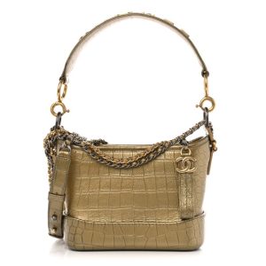 Chanel Metallic Calfskin Crocodile Embossed Cocodile Small Gabrielle Hobo Gold
