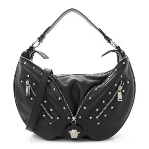 Versace Calfskin Studded Medium Repeat Zip Hobo Black