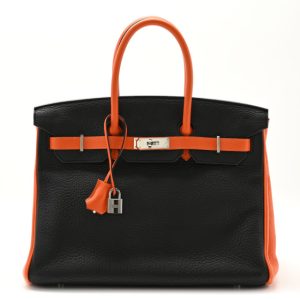 Hermes Taurillon Clemence Bi-Color Horseshoe Birkin 35 Black Orange