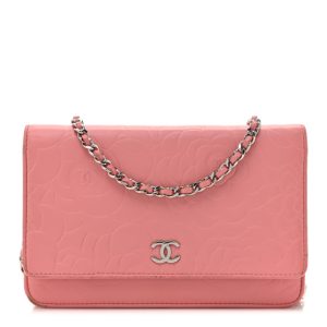 Chanel Lambskin Camellia Embossed Wallet on Chain WOC Pink