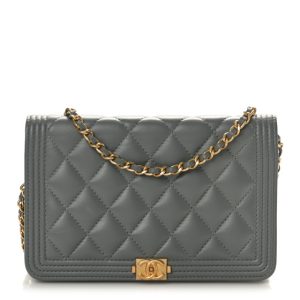 Chanel Lambskin Quilted Boy Wallet On Chain WOC Grey