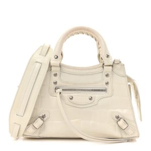 Balenciaga Semi Shiny Calfskin Crocodile Embossed Neo Classic Silver Hardware Mini City White