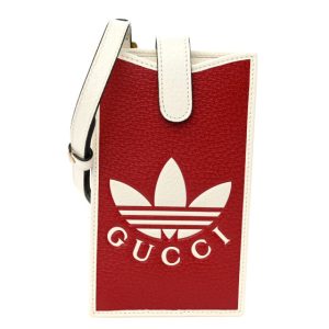 Gucci X ADIDAS Textured Dollar Calfskin Trefoil Embossed Phone Crossbody Bag Hibiscus Red Off White