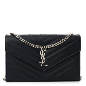 Saint Laurent Grain De Poudre Matelasse Chevron Monogram Chain Wallet Deep Marine
