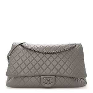 Chanel Metallic Metallized Calfskin Quilted XXL Travel Flap Bag Dark Silver